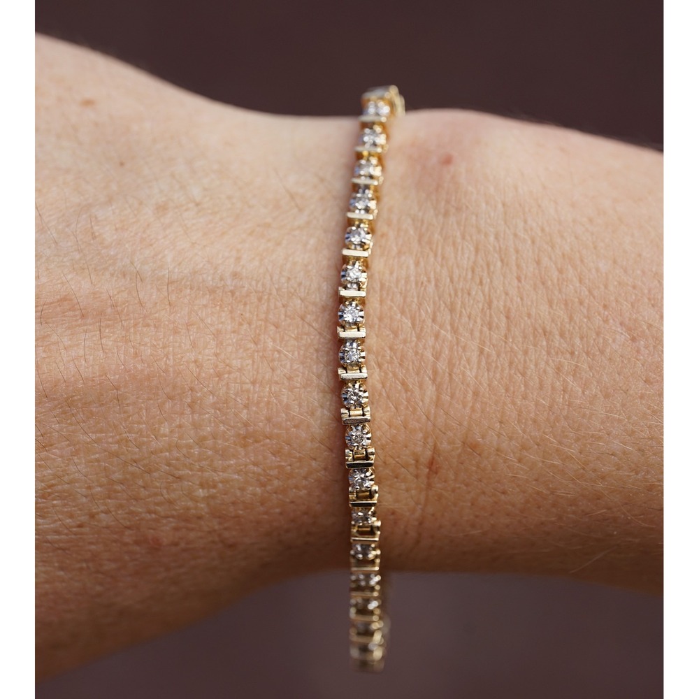 Vintage 14k Solid Yellow Gold Bar Natural Round Diamond Tennis Bracelet - 10.34g